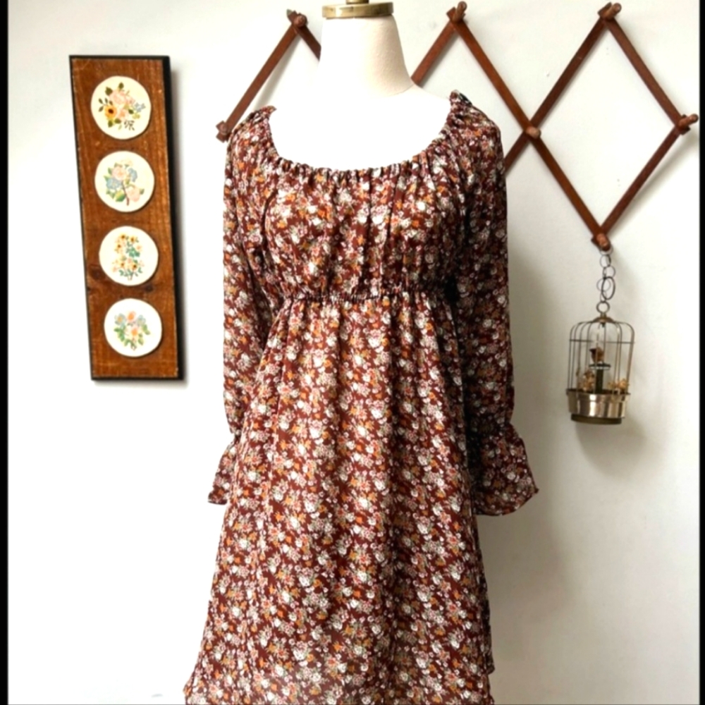 Cottagecore Brown Floral Babydoll Dress